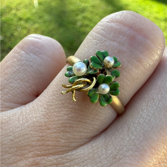 Rare!! Antique solid 10k  pin conversion  4 leaf clover genuine seed pearl ring - Picture 12 of 16